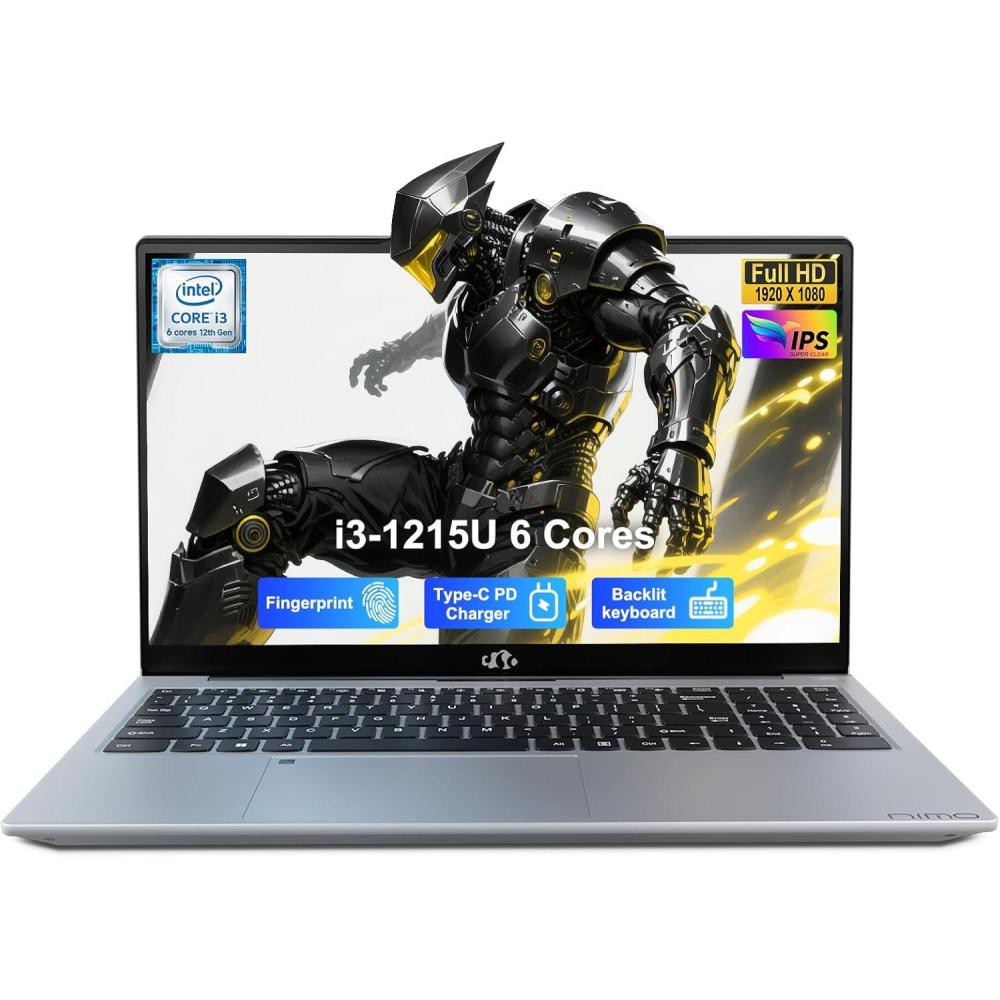 imageNIMO 156 IPS FHD Student Laptop Intel 6Core i31215U Laptop Up to 44GHz Beats R5 7520U with 16GB RAM 1TB SSD 65W TypeC 180 Viewing Backlit KB Fingerprint WiFi 6 for Home amp BusinessSilver