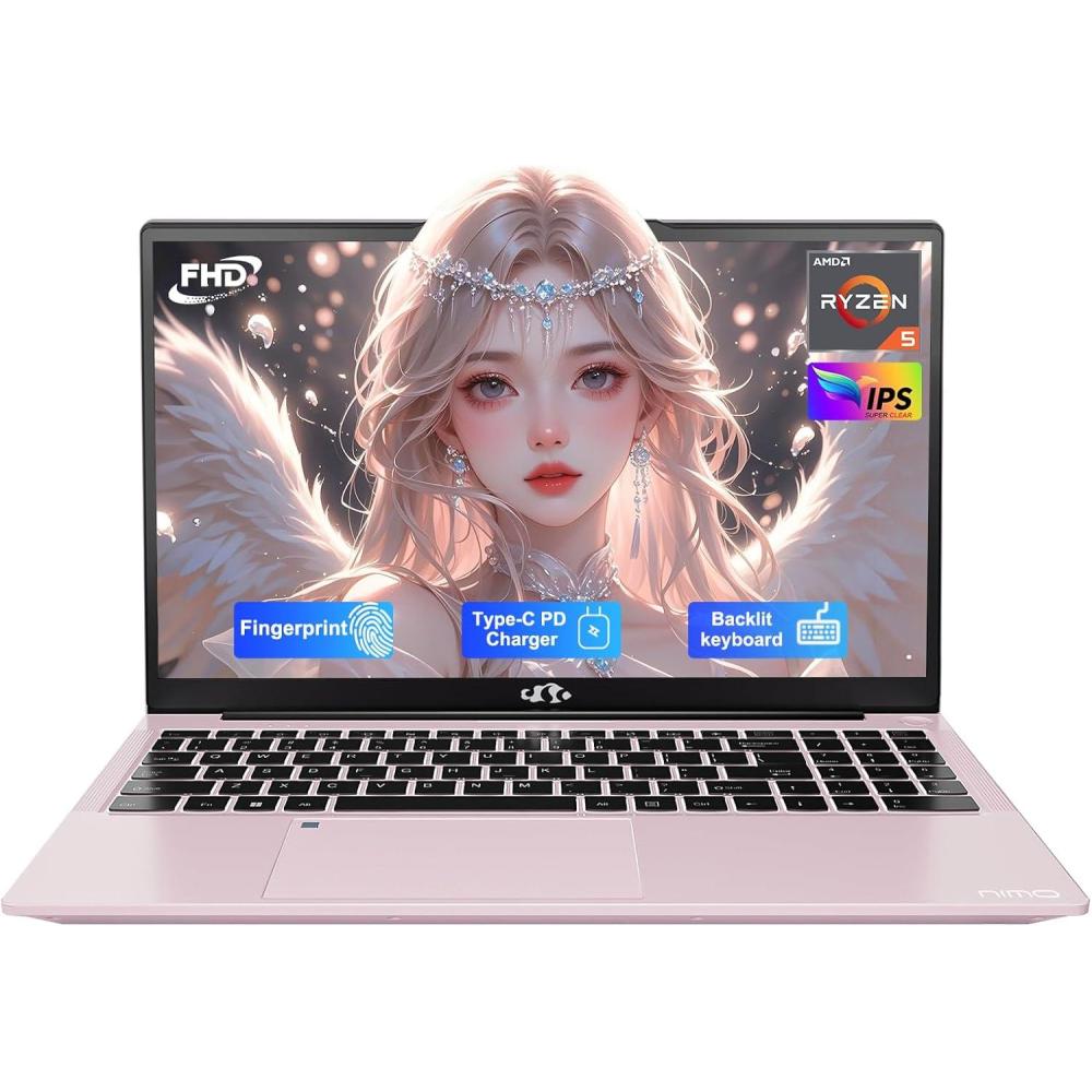 imageNIMO 156 IPS FHDLaptop 32GB RAM 1TB SSD AMD Ryzen 5Beat i51135G7 4 Cores Up to 37GHz Student Computer with 2 Years Warranty 65W TypeC Fingerprint Backlit Keyboard 180ViewingRose Gold