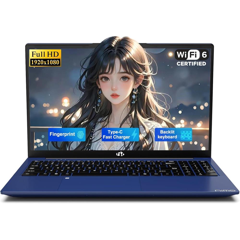 imageNIMO 156 IPS FHDStudentLaptop Intel Twin Lake N150 4 Cores Up to 36GHz with 2YearsWarranty 65W TypeC Fingerprint Backlit Keyboard 5358Wh Battery 8GB RAM 256GB SSD for Office and Home