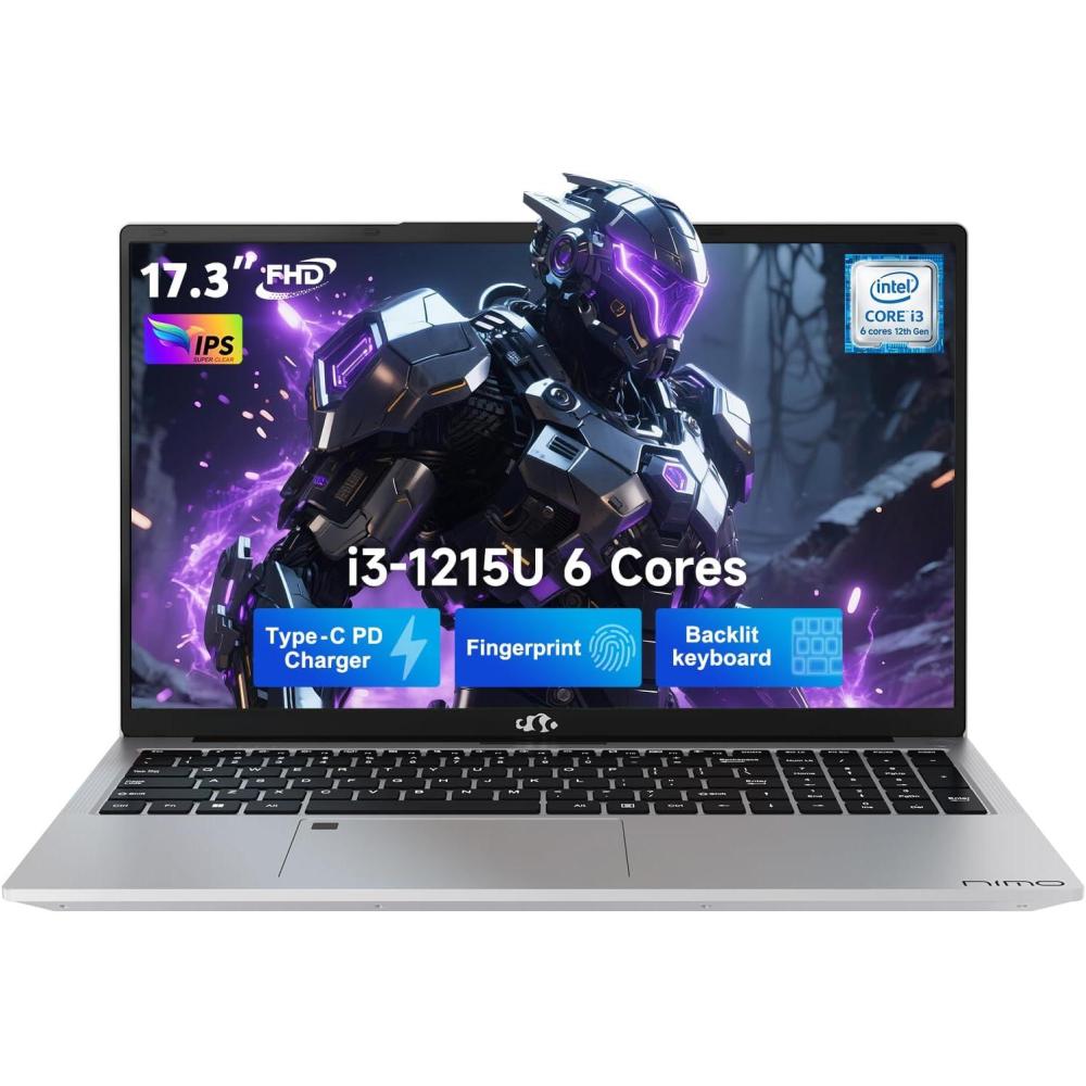 imageNIMO 173 IPS FHD Laptop Intel 6 Cores i31215U Up to 44GHz Beat Ryzen 5 7520U 16GB RAM 1TB SSD Computer with 180 Viewing 65W Type C Backlit KB Fingerprint WiFi 6 for School and BusinessSilver