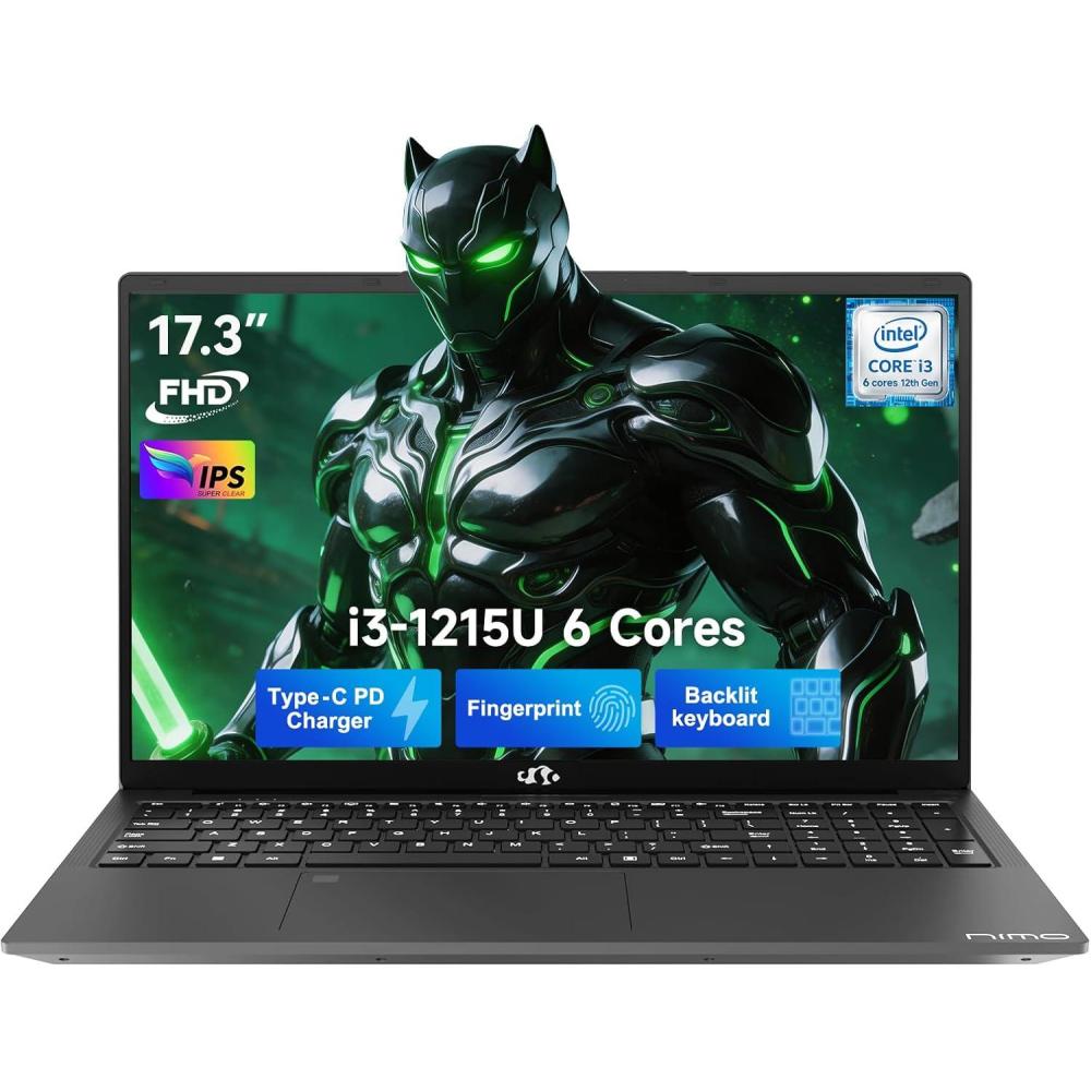 imageNIMO 173 IPS FHD Laptop Intel 6 Cores i31215U Up to 44GHz Beat Ryzen 5 7520U 16GB RAM 1TB SSD Computer with 180 Viewing 65W Type C Backlit KB Fingerprint WiFi 6 for School and BusinessGray