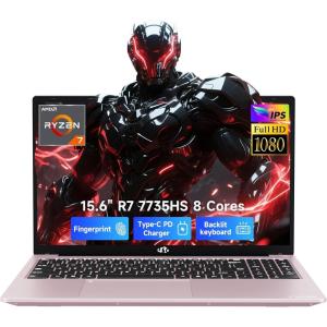 imageNIMO 2026 Gaming Laptop AMD R7 7735HS 8C16T Up to 475GHz Beat i712650H 16GB DDR5 RAM 256GB SSD Business Computer with 156 FHD Display Radeon 680M GPU 180 View 2Year Warranty 100W TypeCRose Gold