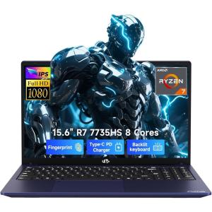 imageNIMO 2026 Gaming Laptop AMD R7 7735HS 8C16T Up to 475GHz Beat i712650H 16GB DDR5 RAM 256GB SSD Business Computer with 156 FHD Display Radeon 680M GPU 180 View 2Year Warranty 100W TypeCBlue