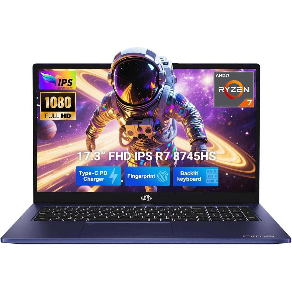 imageNIMO 173 GamingLaptop 8 Cores AMD Ryzen 7 8745HS 32GB DDR5 RAM 1TB SSD Beat R9 6900HX up to 49GHz Radeon 780M GPU IPS FHD 100W TypeC Fingerprint Backlit Keyboard