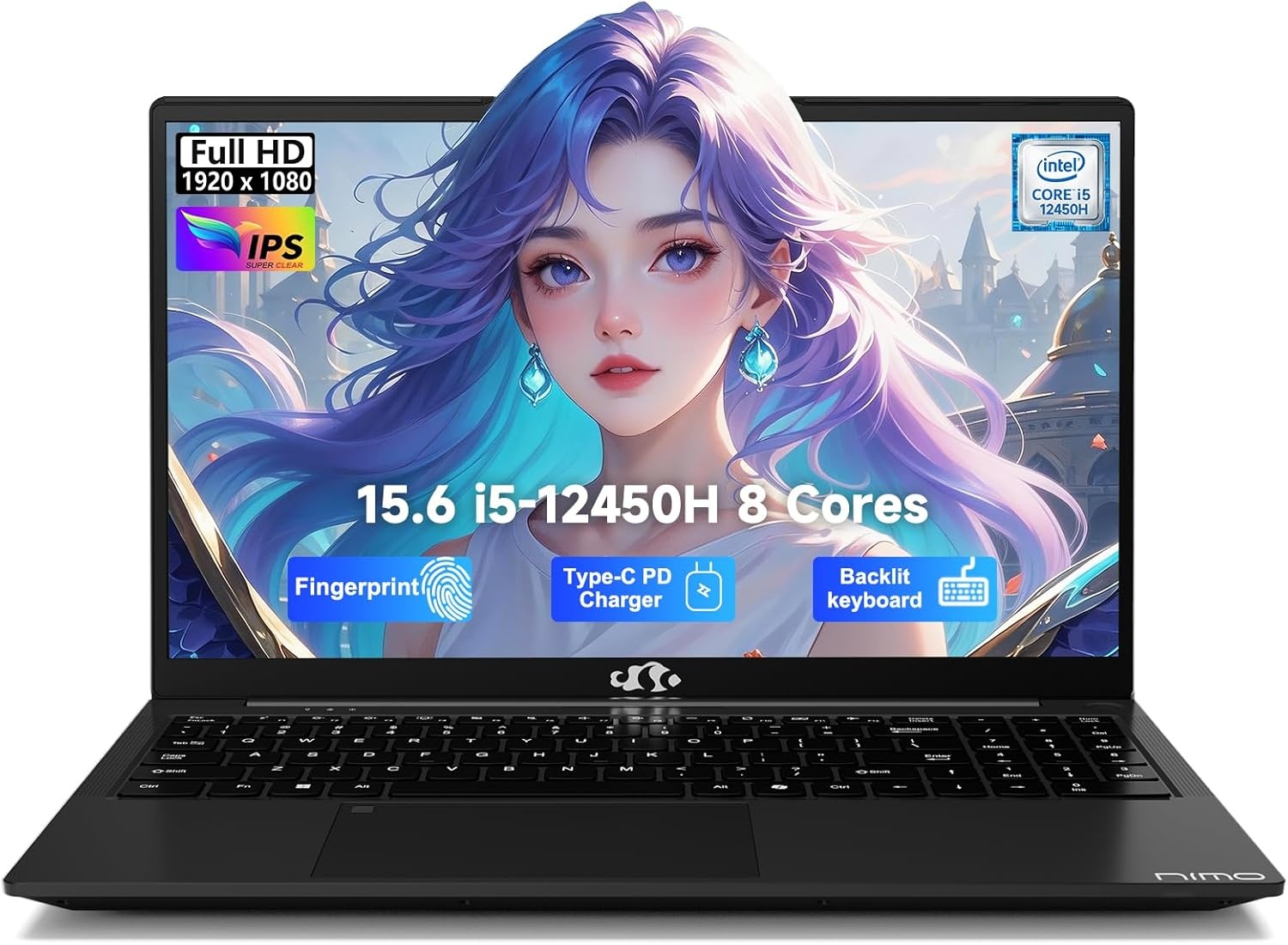 image:imageNIMO 156 FHD lPSBusinessLaptop i512450H 8 Cores 8GB RAM 256GB SSD Beat i711800H Up to 44 GHz Student Computer with 100W TypeC Fingerprint Backlit Keyboard WiFi6 NumpadBlack