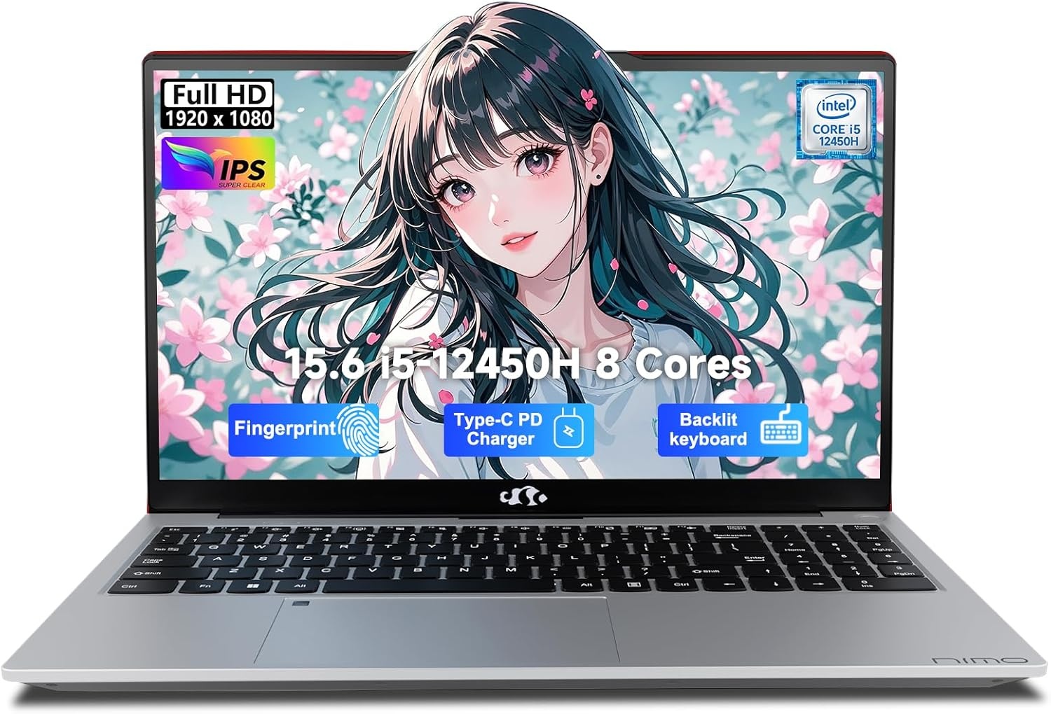 image:imageNIMO 156 FHD lPSBusinessLaptop i512450H 8 Cores 8GB RAM 256GB SSD Beat i711800H Up to 44 GHz Student Computer with 100W TypeC Fingerprint Backlit Keyboard WiFi6 NumpadRed