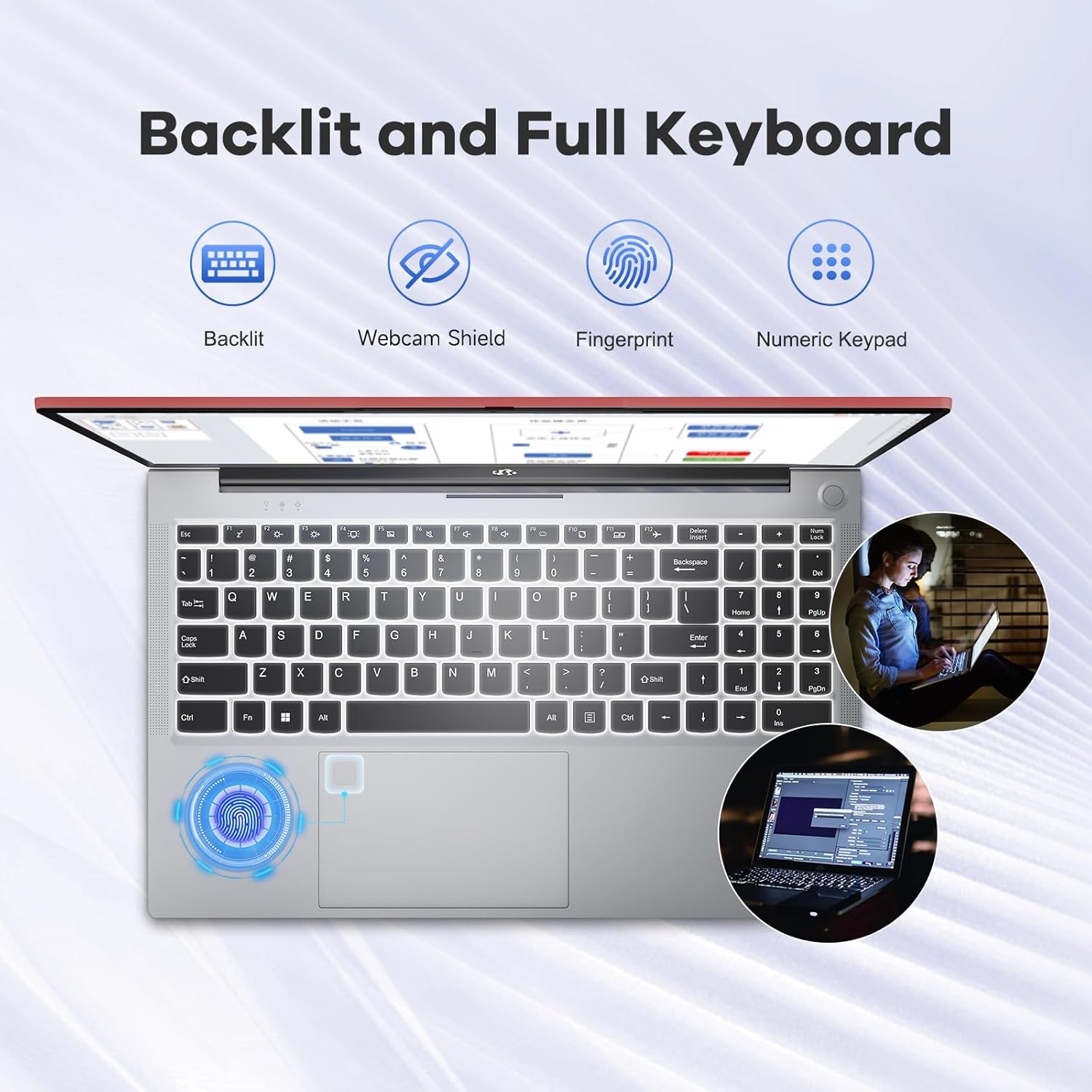 image:imageNIMO 156 FHD lPSBusinessLaptop i512450H 8 Cores 8GB RAM 256GB SSD Beat i711800H Up to 44 GHz Student Computer with 100W TypeC Fingerprint Backlit Keyboard WiFi6 NumpadRed