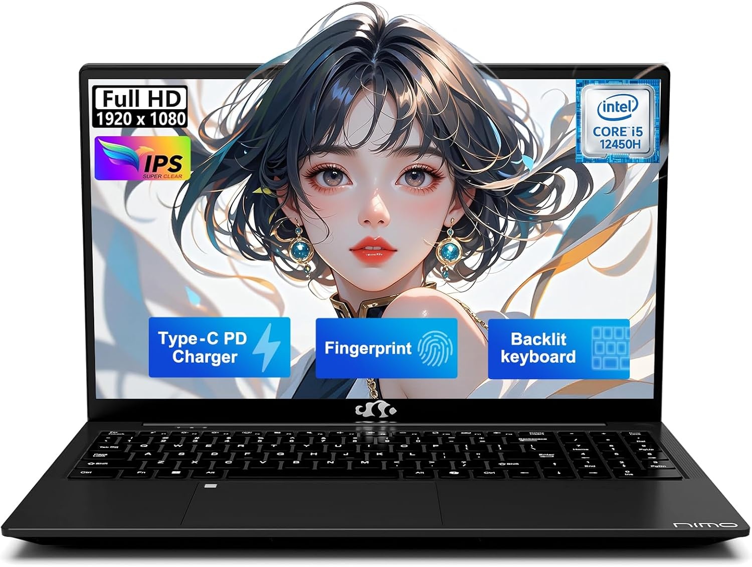 image:imageNIMO 156 FHD lPSBusinessLaptop i512450H 8 Cores 8GB RAM 256GB SSD Beat i711800H Up to 44 GHz Student Computer with 100W TypeC Fingerprint Backlit Keyboard WiFi6 NumpadBlack
