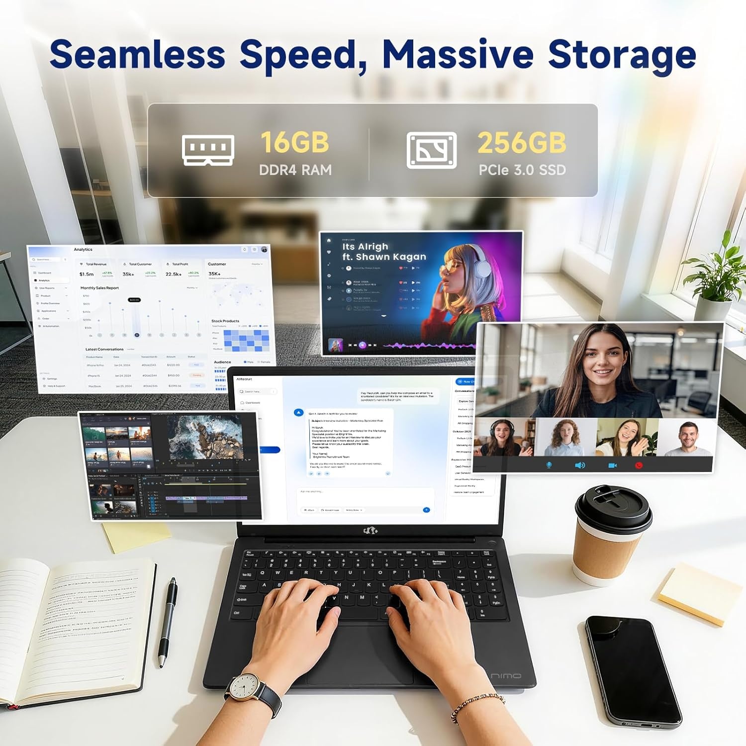image:imageNIMO 156 Inch FHD Student Laptop 16GB RAM 256GB SSD Intel 4Core Beat i310110U Up to 36GHz 65W TypeC Backlit Keyboard Fingerprint WiFi 6amp Bluetooth 53 for Efficient Business Home Office