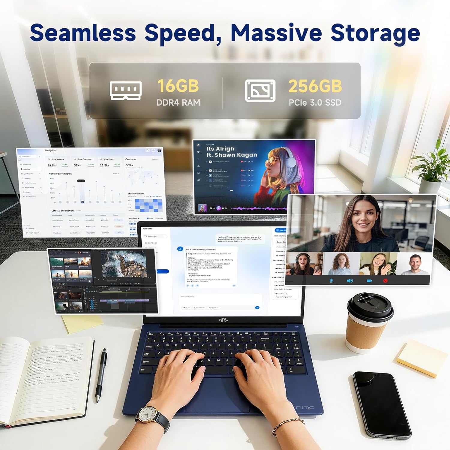 image:imageNIMO 156 Inch FHD Student Laptop 16GB RAM 256GB SSD Intel 4Core Beat i310110U Up to 36GHz 65W TypeC Backlit Keyboard Fingerprint WiFi 6amp Bluetooth 53 for Efficient Business Home OfficeBlue