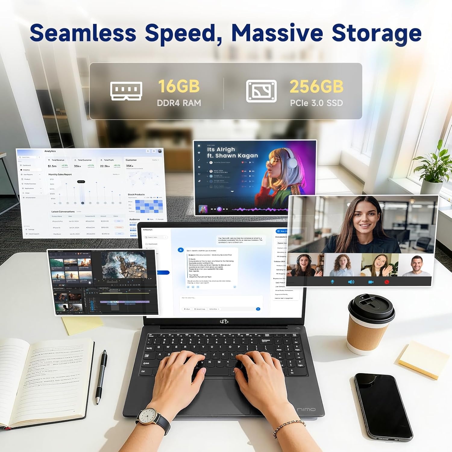 image:imageNIMO 156 Inch FHD Student Laptop 16GB RAM 256GB SSD Intel 4Core Beat i310110U Up to 36GHz 65W TypeC Backlit Keyboard Fingerprint WiFi 6amp Bluetooth 53 for Efficient Business Home OfficeGray