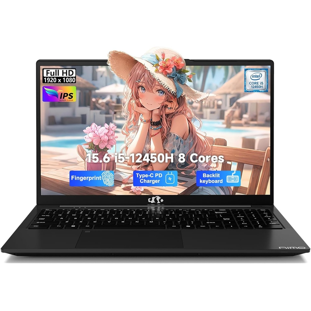 image:imageNIMO 156 FHD lPSBusinessLaptop i512450H 8 Cores 8GB RAM 256GB SSD Beat i711800H Up to 44 GHz Student Computer with 100W TypeC Fingerprint Backlit Keyboard WiFi6 NumpadBlack