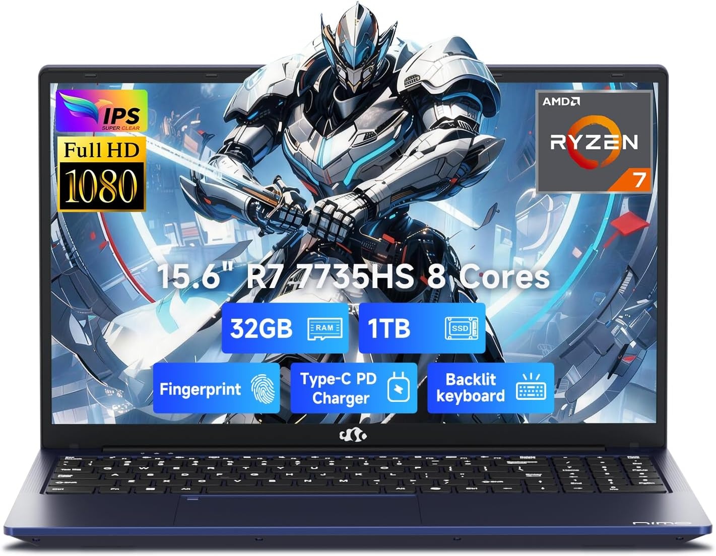 image:imageNIMO LightGamingLaptop 156 FHD Computer with AMD 8Core R7 7735HS 16GB DDR5 RAM 1TB SSD Up to 475GHz Beat i712650H Radeon 680M GPU 100W TypeC 180 View for Business and School 2Y WarrantyBlue