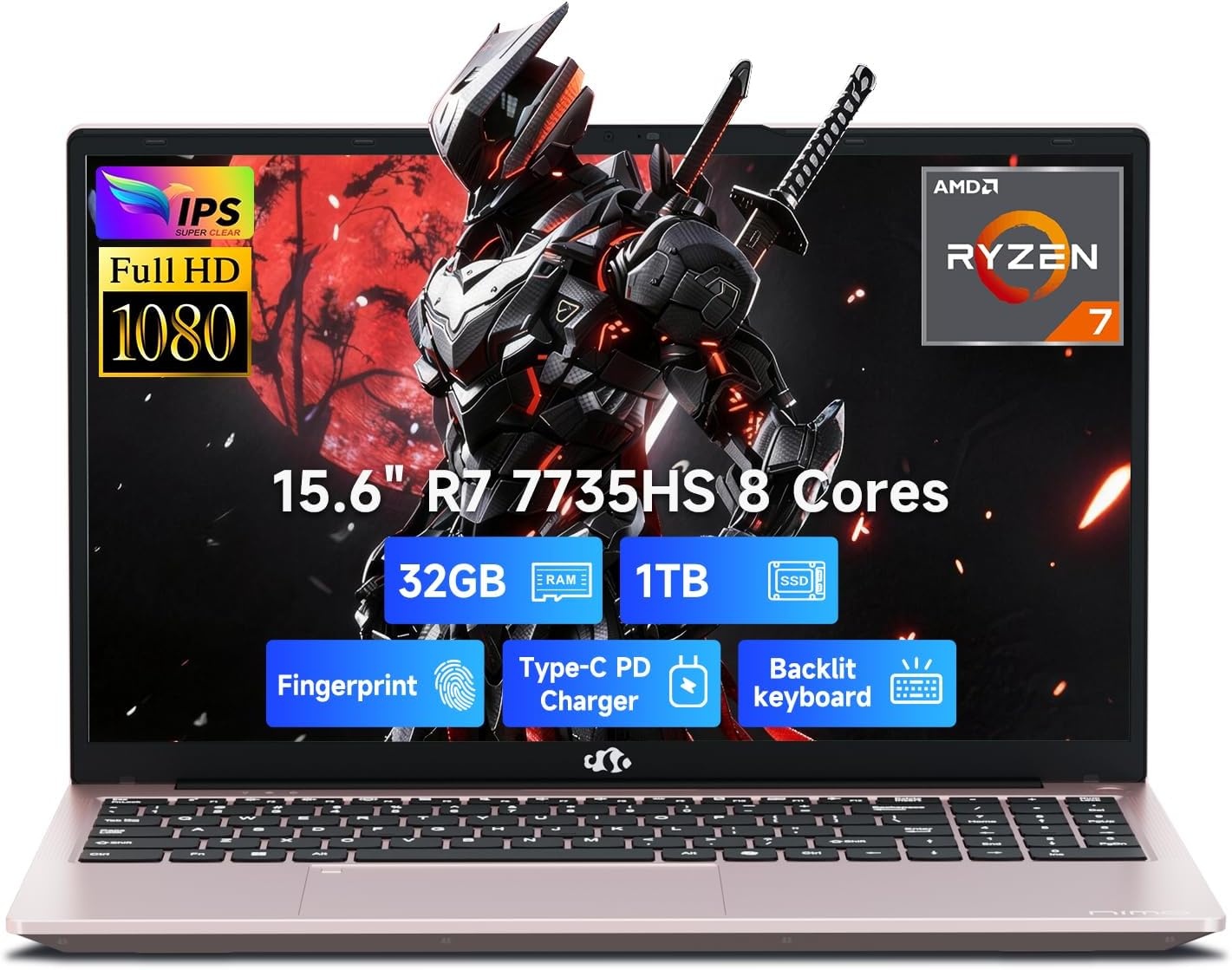 image:imageNIMO LightGamingLaptop 156 FHD Computer with AMD 8Core R7 7735HS 16GB DDR5 RAM 1TB SSD Up to 475GHz Beat i712650H Radeon 680M GPU 100W TypeC 180 View for Business and School 2Y WarrantyRose Gold