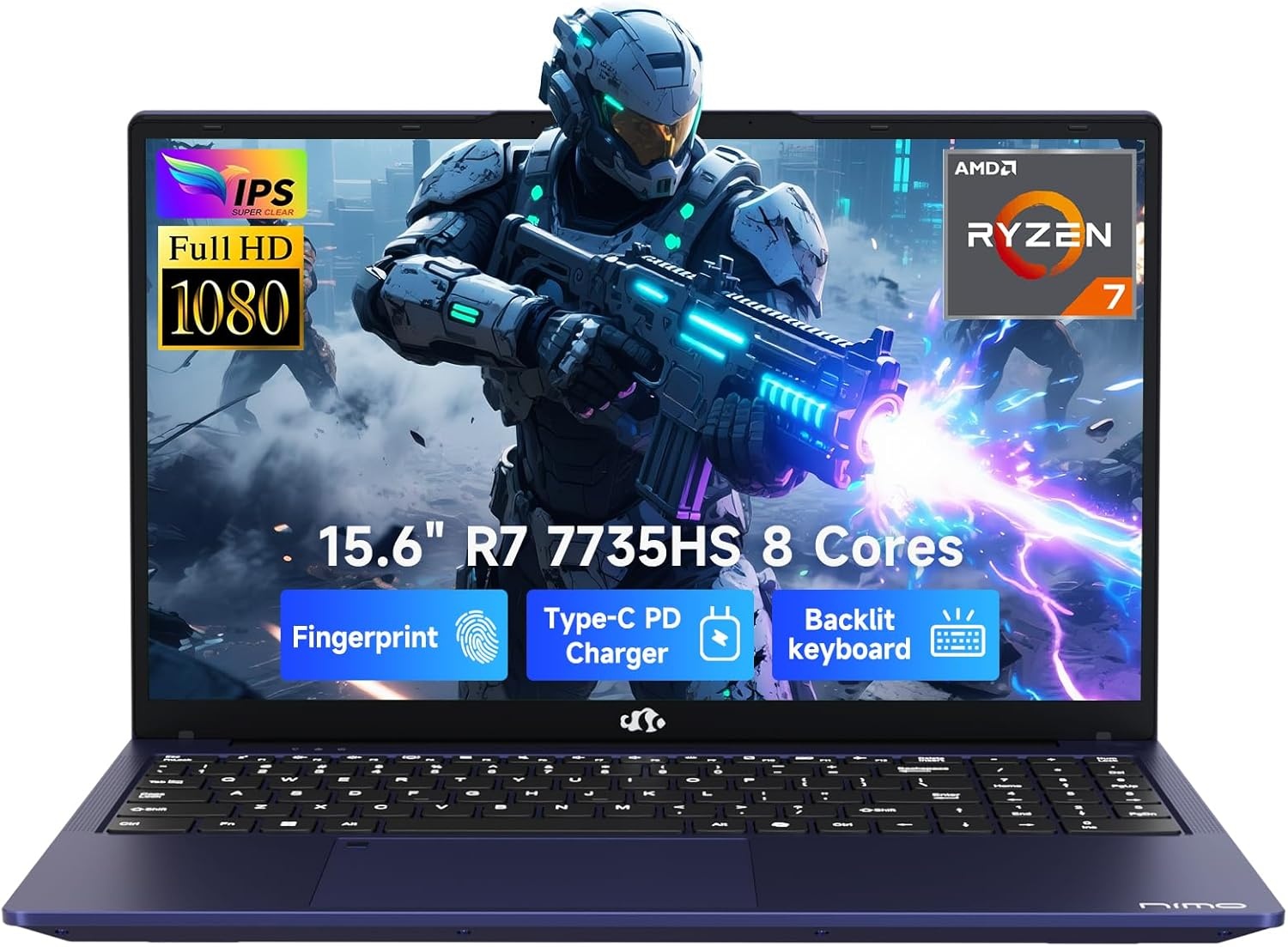 image:imageNIMO LightGamingLaptop 156 FHD Computer with AMD 8Core R7 7735HS 16GB DDR5 RAM 1TB SSD Up to 475GHz Beat i712650H Radeon 680M GPU 100W TypeC 180 View for Business and School 2Y WarrantyBlue