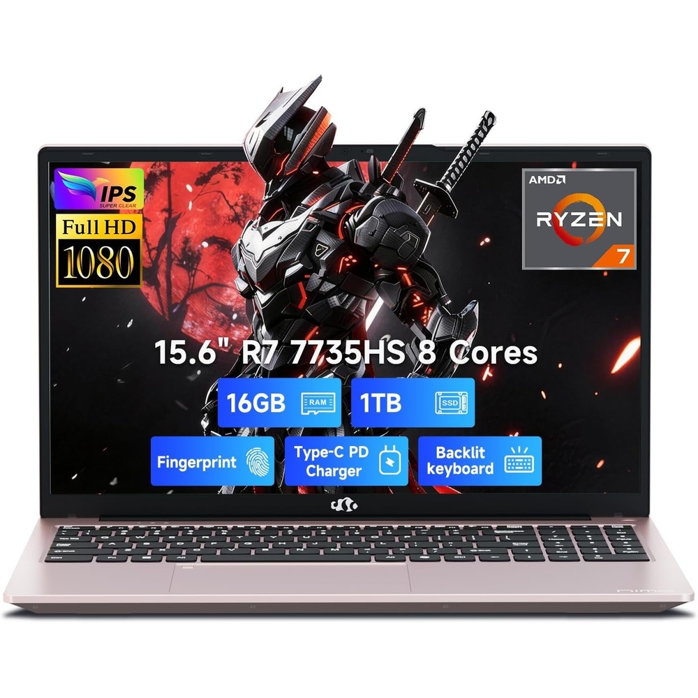 image:imageNIMO LightGamingLaptop 156 FHD Computer with AMD 8Core R7 7735HS 16GB DDR5 RAM 1TB SSD Up to 475GHz Beat i712650H Radeon 680M GPU 100W TypeC 180 View for Business and School 2Y WarrantyRose Gold