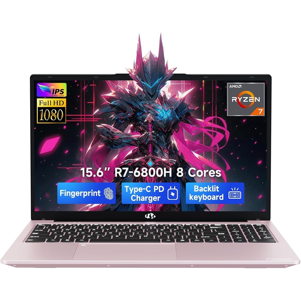image:imageNIMO 156 IPS FHDGamingLaptop 8 Cores AMD Ryzen 7 6800H 32GB DDR5 RAM 1TB SSD Beat i712700H Up to 47GHz AMD Radeon 680M GPUComputer with 100W TypeC Backlit Keyboard 180ViewingRose Gold