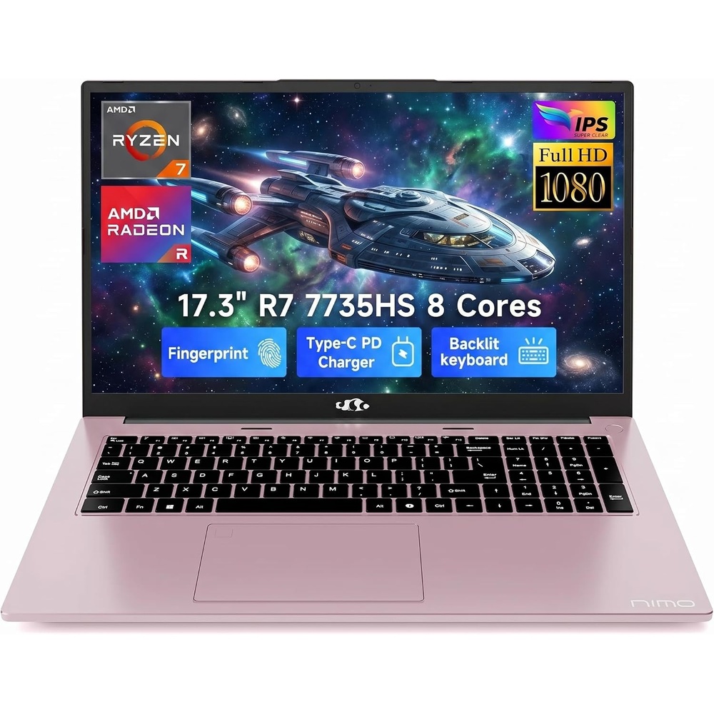 image:imageNIMO 173 Gaming Laptop AMD Ryzen 7 7735HS 8 Cores up to 475GHz 32GB DDR5 RAM 1TB SSD Radeon 680M IPS FHD 180 View WiFi 6E 100W TypeC Windows 11 Backlit Keyboard ComputerRose Gold