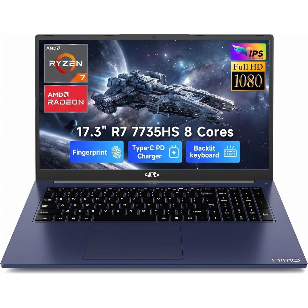 image:imageNIMO 173 Gaming Laptop AMD Ryzen 7 7735HS 8 Cores up to 475GHz 32GB DDR5 RAM 1TB SSD Radeon 680M IPS FHD 180 View WiFi 6E 100W TypeC Windows 11 Backlit Keyboard ComputerBlue