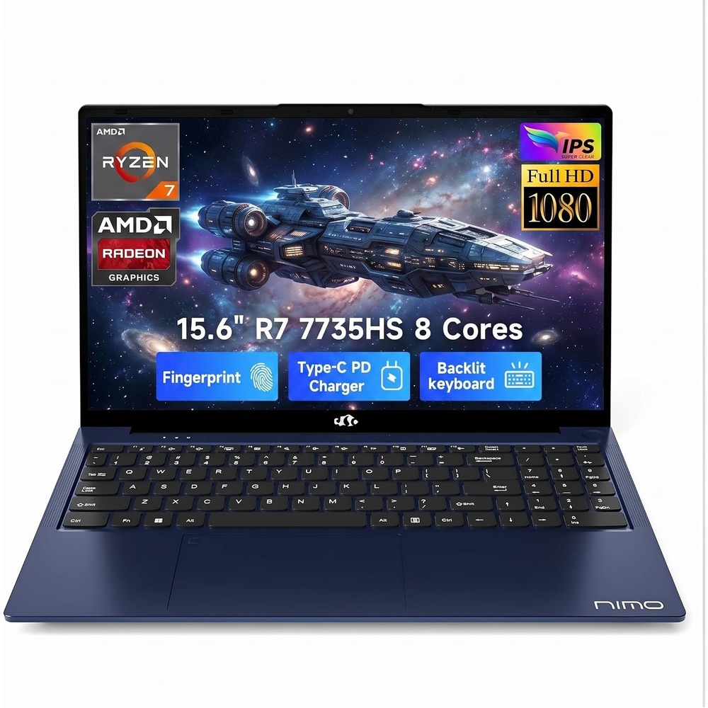 image:imageNIMO Gaming Laptop AMD Ryzen 7 7735HS 8 Cores Up to 475GHz 156 FHD 32GB DDR5 RAM 1TB SSD Radeon 680M Graphics 100W TypeC Backlit Keyboard Fingerprint 180 Views Windows 11 ComputerBlue