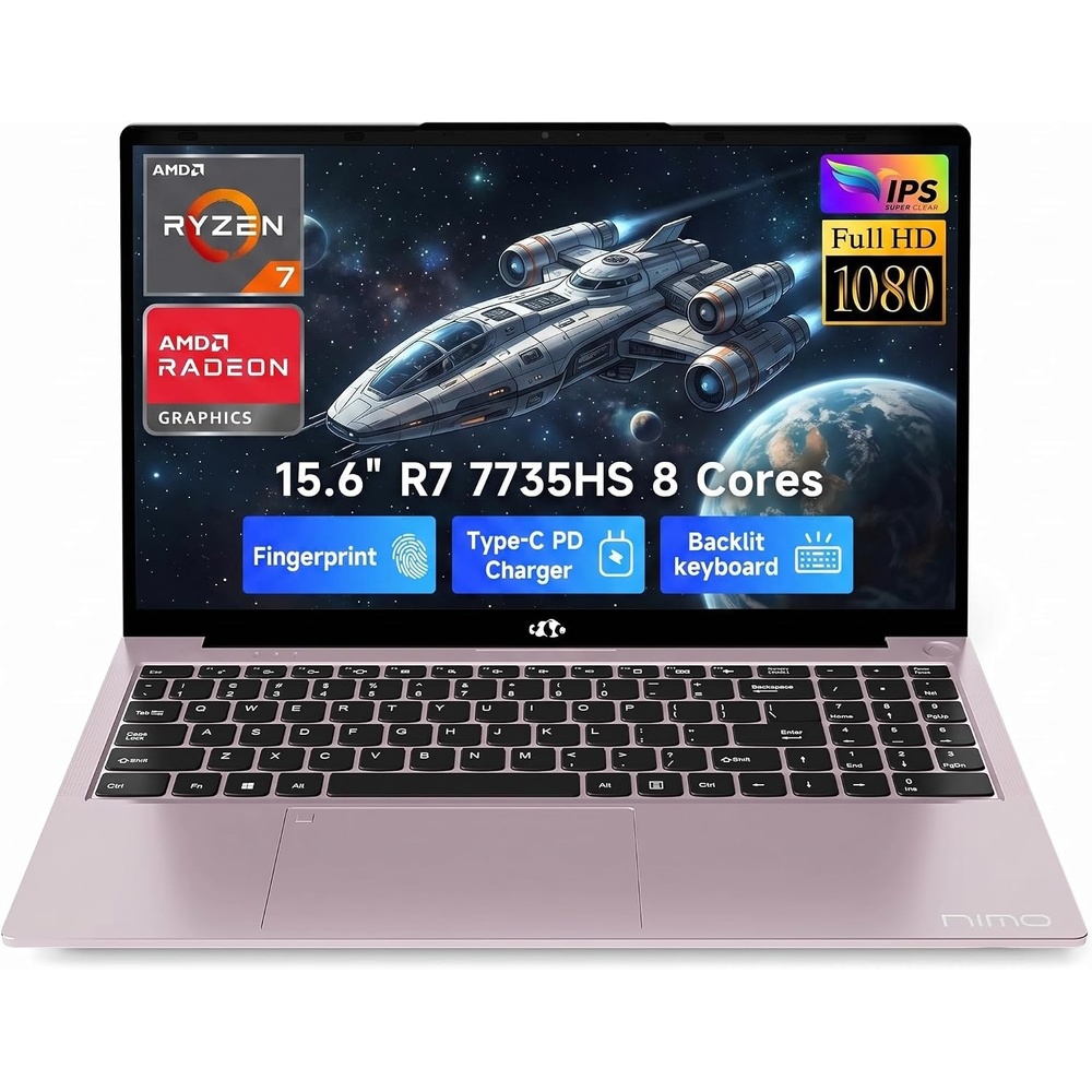 image:imageNIMO Gaming Laptop AMD Ryzen 7 7735HS 8 Cores Up to 475GHz 156 FHD 32GB DDR5 RAM 1TB SSD Radeon 680M Graphics 100W TypeC Backlit Keyboard Fingerprint 180 Views Windows 11 ComputerRose Gold