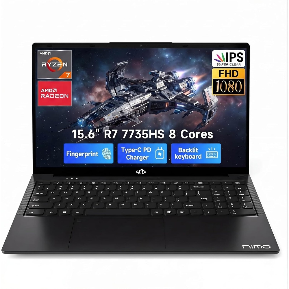 image:imageNIMO Gaming Laptop AMD Ryzen 7 7735HS 8 Cores Up to 475GHz 156 FHD 32GB DDR5 RAM 1TB SSD Radeon 680M Graphics 100W TypeC Backlit Keyboard Fingerprint 180 Views Windows 11 ComputerBlack
